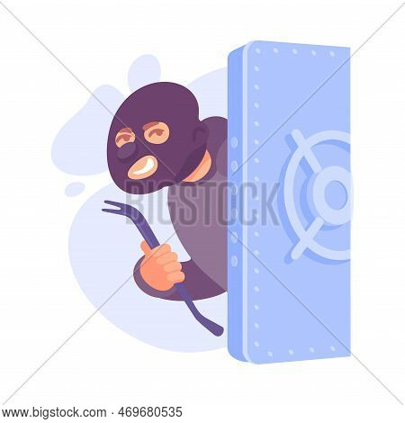 Man Criminal In Mask With Crowbar Looking From Safe Door Committing Crime Vector Illustration