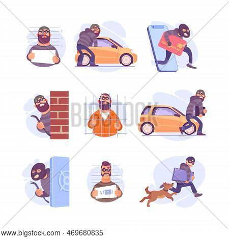 Man Criminal In Mask Committing Crime Engaged In Theft Vector Set