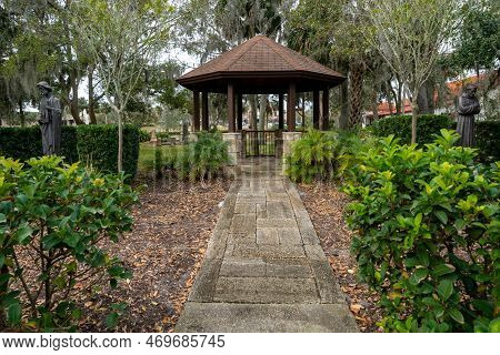St. Augustine, Florida - December 31, 2022: Pretty Gazebo At The Mission Nombre De Dios