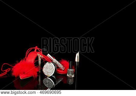 Sexy, Red Strappy High Heel Shoes With Box On A Black Background