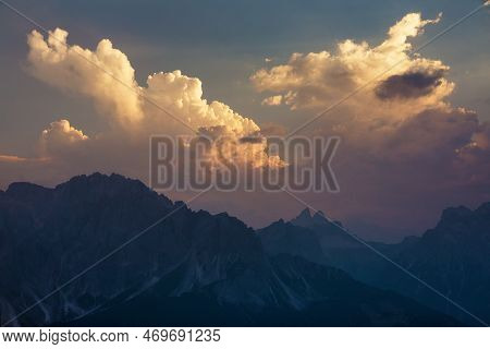 Evening Sunset View Of The Sexten Dolomites Mountains From Carnian Alps Mountains, Italy