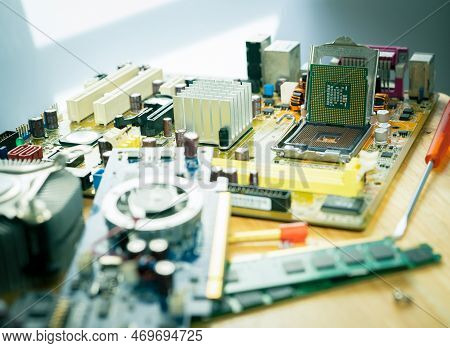 Selective Focus Computer Chip On Socket. Chipset On Electronic Circuit Board Of Pc Motherboard At Re