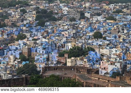Beautiful Top View Of Jodhpur City From Mehrangarh Fort, Rajasthan, India. Jodhpur Is Called Blue Ci