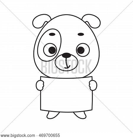 Coloring Page Cute Little Dog Holds Paper Sheet. Coloring Book For Kids. Edudogional Activity For Pr