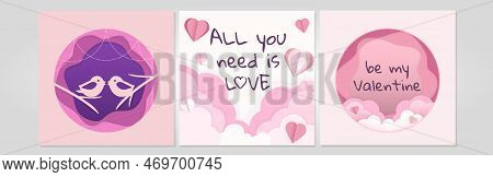 Set Of Greeting Cards For Valentine S Day, Illustraton Of Kissing Birds, Pink Clouds, Pink Hearts, V