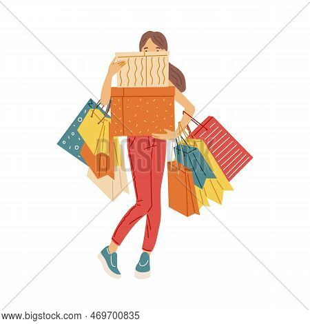 Woman Overbuys During Sales Flat Vector Illustration Isolated On Background.
