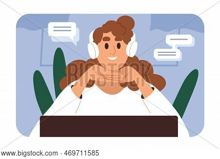 Woman In Headphone During Video Conference Call. Online Communication Concept. Happy Smiling Person 
