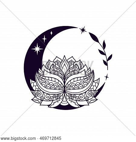 Crescent Moon And Lotus Flower Mystial Symbol With Moon Phases.