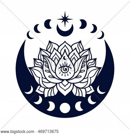Half Moon And Lotus Flower Mystial Symbol With Moon Phases And Third Eye. Lunar Celestial Tattoo Des
