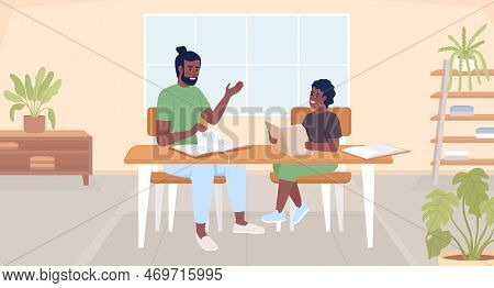 Parent Supporting Son To Solve Math Assignment Flat Color Vector Illustration