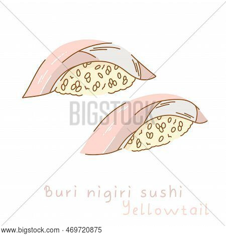 Buri Nigiri Sushi. Yellowtail On Boiled Rice. Portion Serving Illustration, Side, Three-quarter View