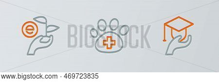 Set Line Education Grant, Leaf In Hand And Veterinary Clinic Icon. Vector