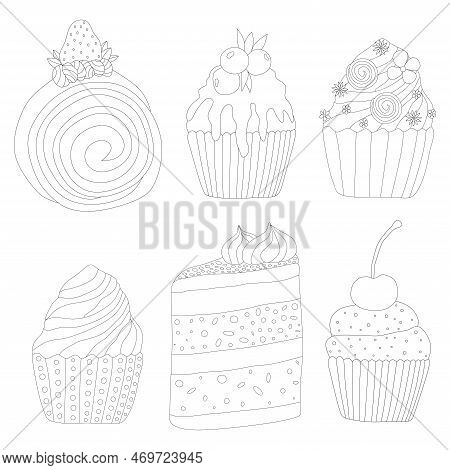 Coloring Page With Cupсakes. Set Of Sweets.  Vector Illustration.