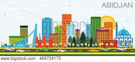 Abidjan Ivory Coast City Skyline With Color Buildings And Blue Sky. Vector Illustration. Business Tr