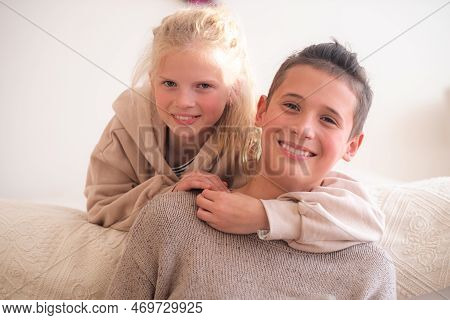 Portrait Young Teens Couple, Boy And Girl Hugging On Street, First Dating, Flower And Kids Love