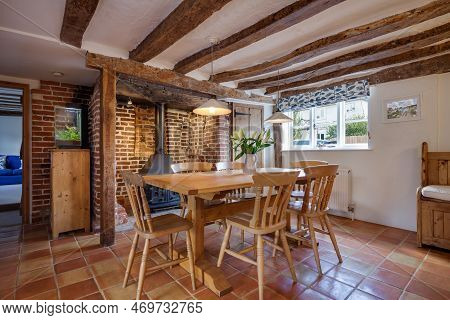 Ickleton, Saffron Walden, Essex - September 28 2017: Traditional Furnished Dining Room With Inglenoo