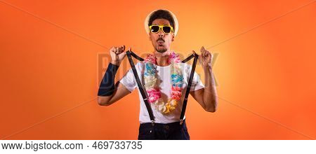 Carnival Brazilian Outfit. Black Man With Carnival Costume Having Fun