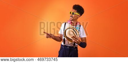 Carnival Brazilian Outfit. Black Man With Carnival Costume Having Fun