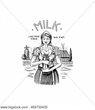 Village Woman Milkmaid With A Can Of Milk On The Background Of A Farm With A Mill. Vintage Logo Or L