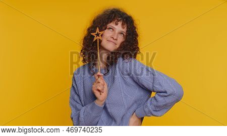 Magician Witch Woman Gesturing With Magic Wand Fairy Stick, Making Wish Come True, Casting Magician 