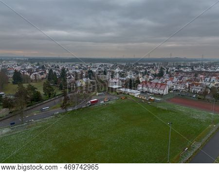 View Over Weiterstadt Braunshardt On A Cloudy, Winter Day With Light Snow