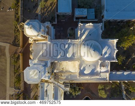 Mission San Xavier Del Bac Aerial View In Tohono O\'odham Nation Indian Reservation Near City Of Tuc