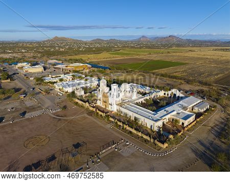 Mission San Xavier Del Bac Aerial View In Tohono O\'odham Nation Indian Reservation Near City Of Tuc
