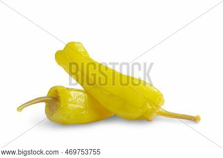 Two Pickled Yellow Peppers, Pepperoncini Or Friggitelli Isolated On White Background. Hot Pepper Mar