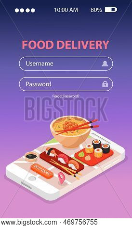 Japan Food Delivery Online Service Isometric Background Composition With Sushi And Noodle Soup On Mo