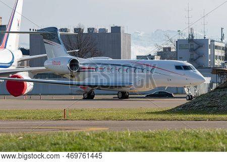 Zurich, Switzerland, January 19, 2023 Gulfstream G650-er Business Aircraft Is Parking On The Apron D