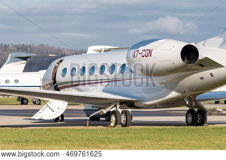 Zurich, Switzerland, January 19, 2023 Gulfstream G650-er Business Aircraft Is Parking On The Apron D