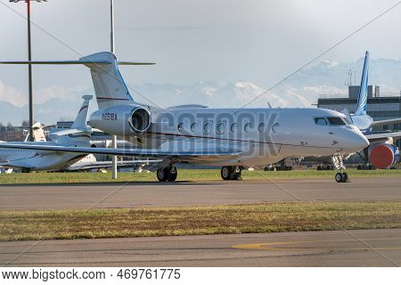 Zurich, Switzerland, January 19, 2023 Gulfstream G650-er Business Aircraft Is Parking On The Apron D