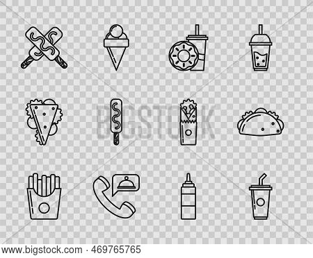 Set Line Potatoes French Fries In Carton Package Box, Paper Glass With Drinking Straw And Water, Don