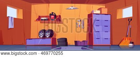 Garage Or Workshop Interior With Repair Tools And Car Tyres. Empty Garage, Shed Or Storage Room With