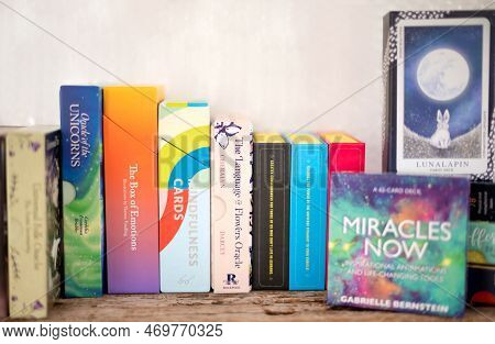 Bangkok, Thailand- January 12 2022: The Tarot Prediction Esoteric All Major Arcana Set Cards Put On 
