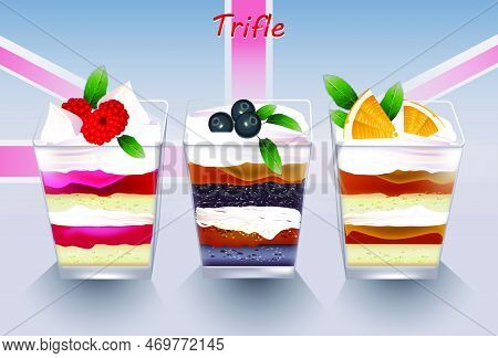 Traditional English Dessert Trifle . Sweet Cake, Chocolate, Fruit And Cream In A Glass