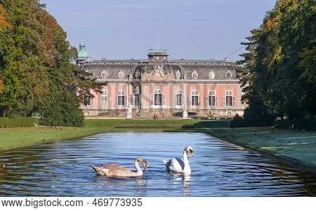 Dusseldorf, Germany - October 19, 2022: Panoramic Image Of Benrath Castle During Autumn Against Blue