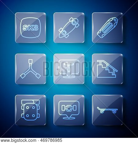 Set Line Knee Pads, Skateboard Wheel, Deck, T Tool, Y-tool, And Stairs With Rail Icon. Vector