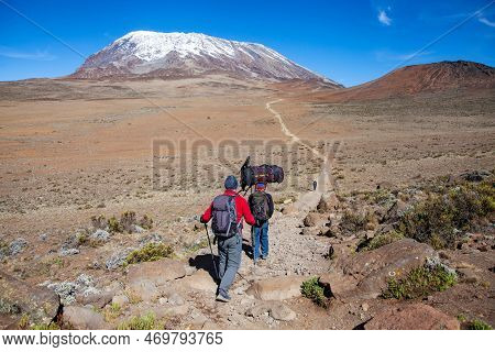 A Porter Carrying Heavy Load On His Head On The Way To Kilimanjaro Mountain. Tanzania.