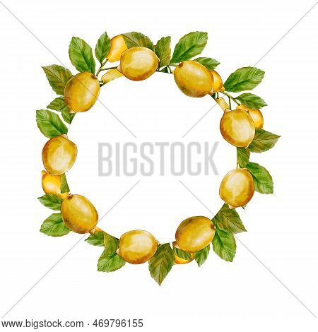 Frame Made Of Fruits. Watercolor Frame With Lemons. Watercolor Illustration Of Green Leaves, Lemons 