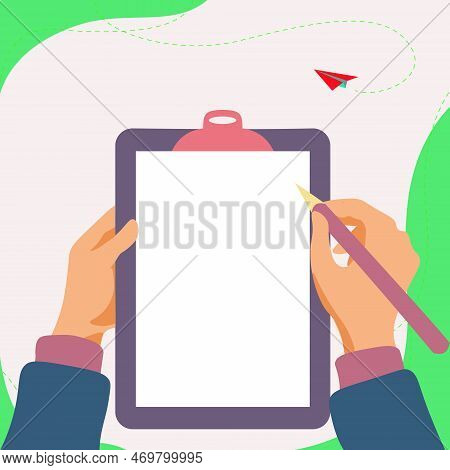 Illustration With Hands Holdings Paper And Pencil Writing Text. Brand Nes Infromation. Empty Space F