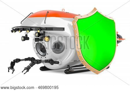 Bathyscaphe With Shield, 3d Rendering Isolated On White Background