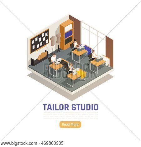 Fashion Atelier Studio Isometric Composition With Seamstress Dressmakers At Sewing And Locking Machi
