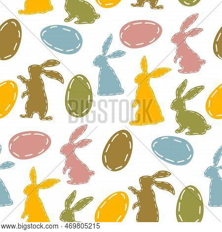 A Pattern Of Colored Easter Bunnies And Eggs. The Contours Of Rabbits And Eggs Are Stitched Along Th