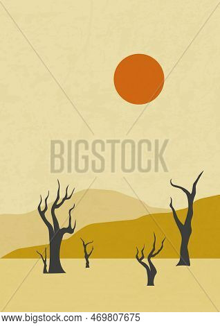 Desert Landscape, Sunny Dunes And Dry Tree Illustration. Vector Art Of A Desert Landscape With Dead 
