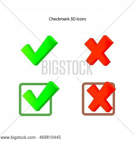 3d Checkmark And X Mark Icon On White Background. Check And Uncheck Icon Vector. Validation Icon Vec