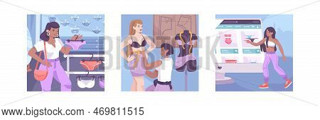 Three Squares Underwear Illustration Flat Icon Set With Shopping Online Taking Body Measurements And