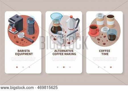 Professional Barista Coffee Equipment Isometric Set Of Vertical Banners With Page Switch Buttons And