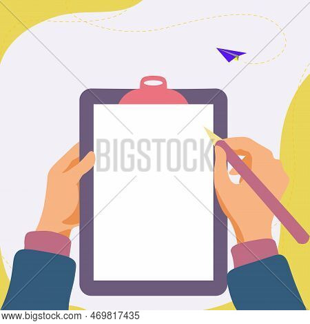 Illustration With Hands Holdings Paper And Pencil Writing Text. Brand Nes Infromation. Empty Space F