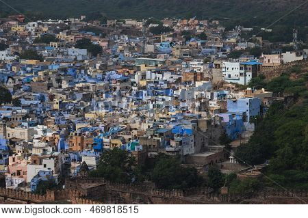 Beautiful Top View Of Jodhpur City From Mehrangarh Fort, Rajasthan, India. Jodhpur Is Called Blue Ci
